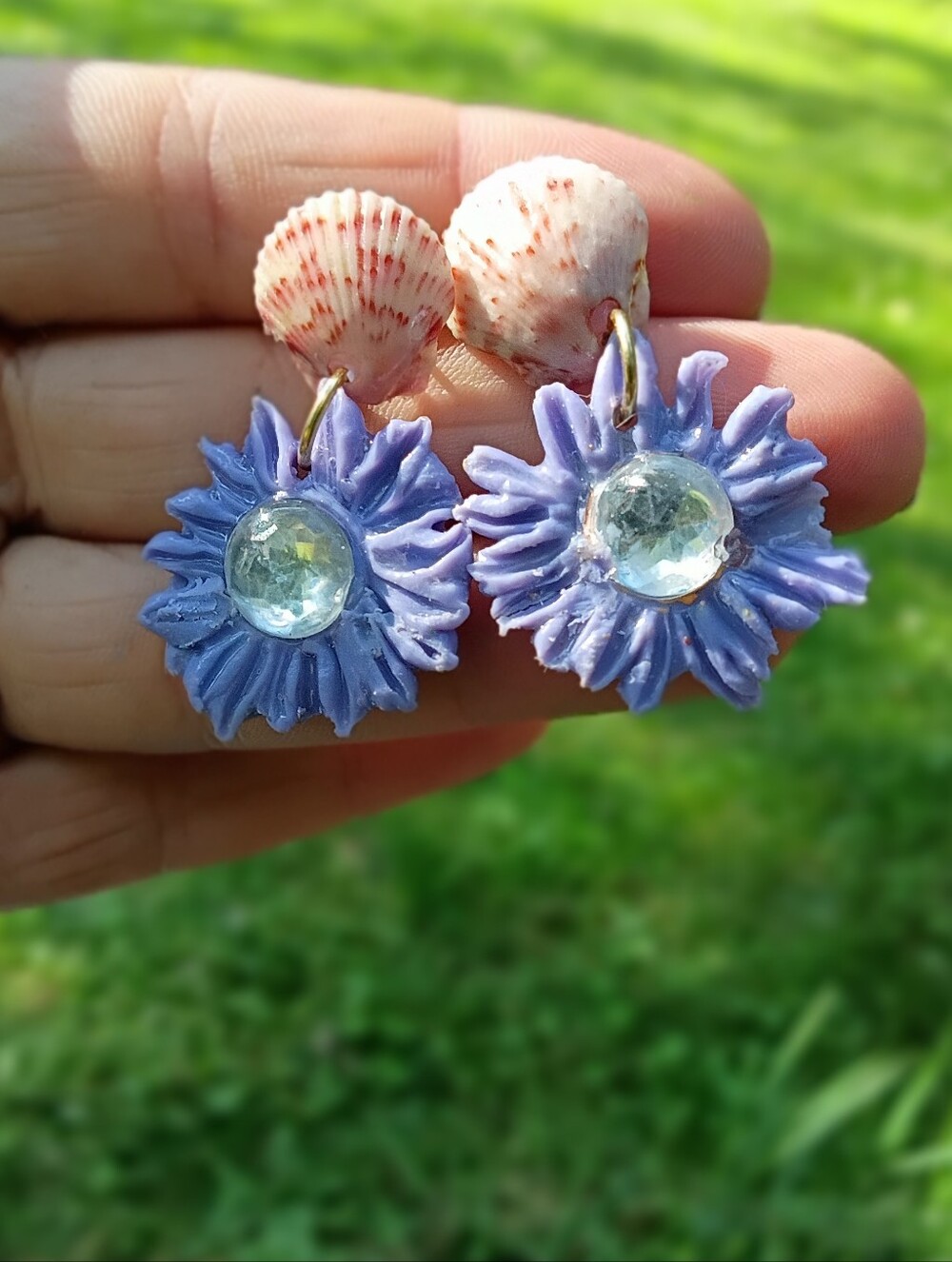Polymer Clay  Flower Drop Earrings with Scallop  Shell Stud